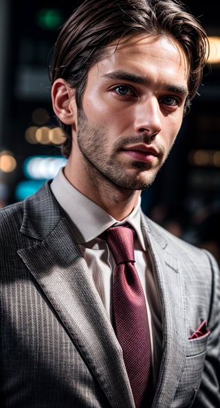 4k, 30 year-old model, a perfect face, detailed brown eyes, symmetrical features , fair skin, serious, brown hair, and [[incipient beard]], wearing a suit 