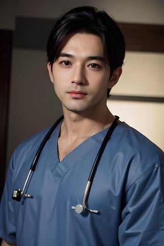 handsome men, 30 yo, black hair, detailed facial features, stern facial expression, surgical gown, doctor, standing, upper body picture, hospital background, realistic photography, 4k, anime, masterpiece, detailed