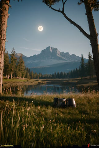 Realistic, (highly extreme detailed), (high quality resolution 4k), photography, dark scenario, woods, Mounntain peak, moon, lake view, low angle from grass, focus grass, bokeh, cinematic,(Sandalpunk style),Movie Still, game scene