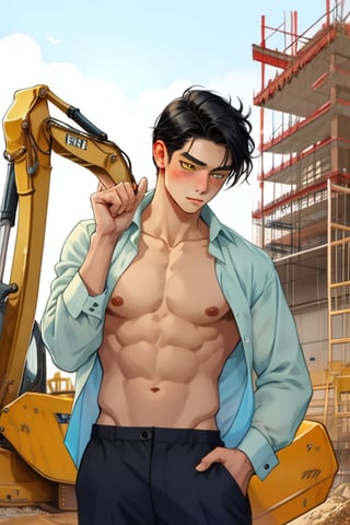 manhwa boy, black hair, medium hair, yellow eyes, shy, blush, topless, open shirt, construction site worker, construction background