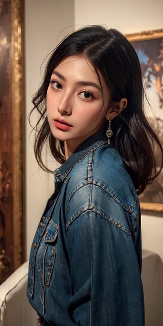 pretty 1girl, long straight black hair, wearing denim cover all fashion, super high quality, real images, lifelike, real skin, soft lighting, masterpiece,Cinematic, (Surrealism: 1.2), (8K UHD: 1.2), (Photorealism: 1.2), Shot with medium format camera, Professional camera, Perfectly Delicate and Rich in Detail, (masterpiece, top quality, best quality, official art, beautiful and aesthetic:1.2), (((1girl))), dynamic pose, extreme detailed,Big bearsts