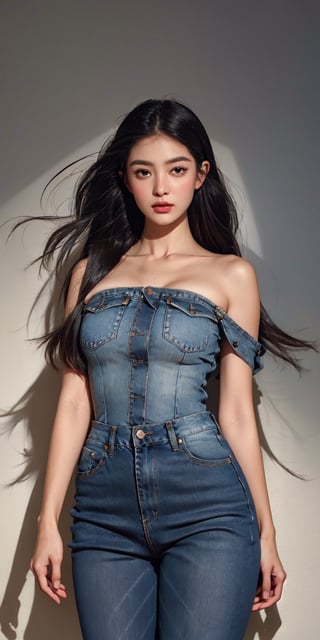 pretty 1girl, long straight black hair, wearing denim cover all fashion, super high quality, real images, lifelike, real skin, soft lighting, Cinematic, (Surrealism: 1.2), (8K UHD: 1.2), (Photorealism: 1.2), Shot with medium format camera, Professional camera, Perfectly Delicate and Rich in Detail, (masterpiece, top quality, best quality, official art, beautiful and aesthetic:1.2), (((1girl))), dynamic pose, extreme detailed,Big bearsts