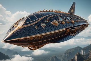 armored airship, soars through the skies, its metallic hull adorned with intricate scales resembling those of a mythical drago,,mimicking the fearsome appendages of the legendary creature. Dragon-inspired motifs are intricately woven into the airship's design, with fiery breath patterns etched onto the hull,creating a harmonious fusion of fantasy and steampunk aesthetics.,Obsidian_Gold,H effect