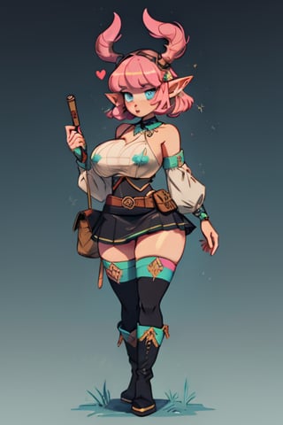 A young fantasy adventurer elf girl with blue eyes, short pink hair, bangs, long pointed ears, She wears a practical yet stylish outfit, featuring a mini skirt, visible underwear, a utility belt, and thigh-high boots, revealing clothing, center opening, open_shoulders, standing up, huge_boobs, thicc_thighs, curvy, thick, wide hips