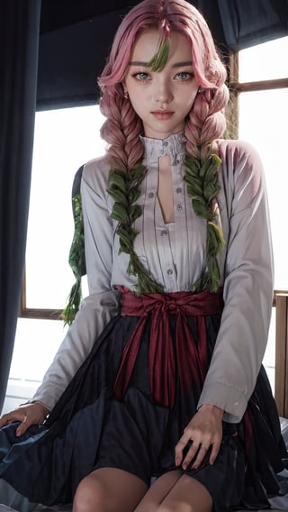 photorealistic, masterpiece, best quality, raw photo, 1girl, pink hair, detailed eyes and face,   long shot, detailed skin, pore, dynamic lighting, in the dark, deep shadow, low key,m4d4m,long skirt