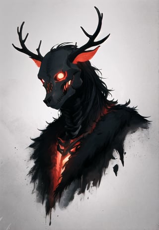 realistic drawing of a Wendigo, animal, horror themed, hyper detailed, horror, scary, forest, dynamic light, graphic novel style, dark colours, dark fantasy, manga, detailed background, parchment paper, masterpiece, best quality, antlers, looking_at_viewer, dark tone, dark background, deer skull face, monster, woodlike skin, lurking, non-human, skeleton, red eyes