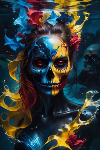 The enchantress emerged, her face concealed by a haunting skull mask soaked in blood, hinting at the power she wields. As she navigates shadows, she unleashes formidable abilities, delving into dark magic and facing consequences. Surreal beauty is captured in a shot of oil paint submerged underwater, revealing red, yellow, and blue tones dispersing against a dark background, creating ephemeral art.