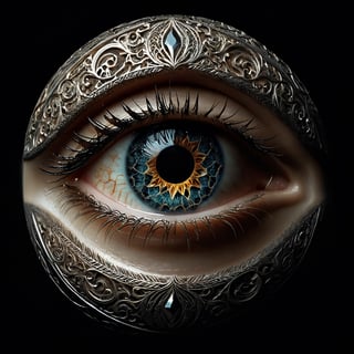 Generate an image of a woman's eye with meticulous detail, set against a dark backdrop to enhance contrast. Ensure the eye is flawlessly depicted, with intricate patterns visible within the iris. Within the reflection on the surface of the eye, subtly incorporate the presence of Death. This can be represented by a faint silhouette of a figure holding a scythe, barely discernible but unmistakably present. Maintain an air of mystery and subtlety in the depiction, inviting viewers to discern the subtle symbolism and contemplate the interplay between life and mortality within the ethereal realm of the image