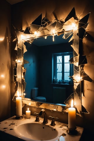 Shattered reflection in cracked bathroom mirror, tenebrism,
illuminated by sinister candles,shards