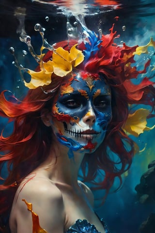 The enchantress emerged, her face concealed by a haunting skull mask soaked in blood, hinting at the power she wields. As she navigates shadows, she unleashes formidable abilities, delving into dark magic and facing consequences. Surreal beauty is captured in a shot of oil paint submerged underwater, revealing red, yellow, and blue tones dispersing against a dark background, creating ephemeral art.