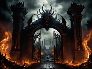 
The Gates of Hell, guarded by the oldest and most fearsome shadows, stand majestic in the heart of a realm of fire and brimstone. With a height that defies the heavens and a width that swallows light, these gates are the embodiment of terror and damnation.

Forged in the darkest metal and coated with arcane runes that whisper forgotten terrors, the Gates of Hell exude an aura of malevolence that would chill the bravest soul. Their surface is marked by eternal flames that dance wildly, reflecting the inner torments of those who lie beyond their threshold.

The air surrounding these gates is laden with suffocating heat and the acrid smell of eternal suffering. The moans and lamentations of trapped souls slip through the cracks of the gates, constantly reminding the living of the vastness of the torment that awaits should they dare to cross.

Only the most reckless or desperate dare to approach, and even then, few have the strength or sanity to face what lies on the other side. The Gates of Hell stand as a somber monument, an unrelenting reminder of the eternal struggle between good and evil, and the fragility of the human soul in the face of the underworld's temptations, ultra-fine digital painting, ,    Gorgeous splash of vibrant paint
,colorful,more detail XL,darkart