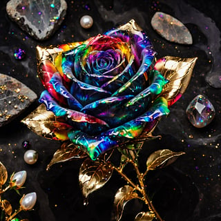 yktlr style,  a crystal rainbow rose, dark background , boulder opal, Gemstone with nebula and pearl with gold abstract modern, luxurious
,more detail XL