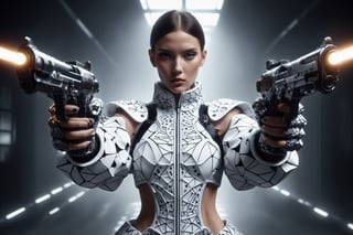 An elegant female super model at London Fashion Week, wearing a costume designed by Thom Browne with design elements including 3D generative Voronoi artwork created by artificial intelligence black-white textile materials polarized.toplight lighting photographed with Sony A7 IV
,cyberpunk style,cyborg style,monster,neon photography style,darkart,dual pistols