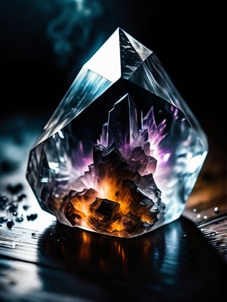 a dark glowing transparent natural crystal, black fog on floor, lightning inside, dark outer space background, dslr, 8k, 4k, realistic, vivid colors, soft lighting, raw photo 
,more detail XL