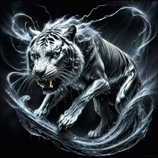 surreal saber-toothed tiger, tendrils of metal pulling away, swirling, liquid metal art  by hr giger, art made out of metal, (liquid metal elemental 2.0)/personified liquid metal/liquid mercury/etched flowing liquid metal/waves and designs/stormy dark background with lighting/intense/dramatic/atmospheric/unreal engine/Raymond Swanland/Luis Royo/Nekro/