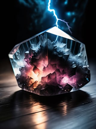 a dark glowing transparent natural crystal, black fog on floor, lightning inside, dark outer space background, dslr, 8k, 4k, realistic, vivid colors, soft lighting, raw photo 
,more detail XL