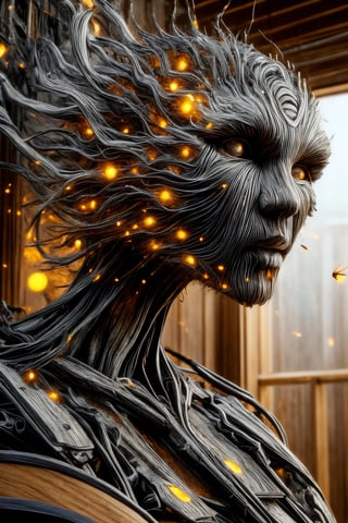 raw photo of the dark art sculpture white wooden automaton that comes to life when you approach it, futuristic background, close-up, masterpiece, high quality, hyper-detailed, ,firefliesfireflies,Mecha body,Futuristic room,dragonyear,DonMW15p