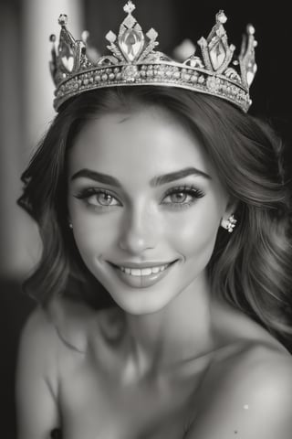 close-up of a beautiful female face, gorgeous eyes, intricate, cleavage, soft lips, smiling, naughty, seductive glance, freckles, crown, jewelry, bw, black and white, grey scale, monochorme
