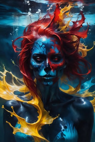 The enchantress emerged, her face concealed by a haunting skull mask soaked in blood, hinting at the power she wields. As she navigates shadows, she unleashes formidable abilities, delving into dark magic and facing consequences. Surreal beauty is captured in a shot of oil paint submerged underwater, revealing red, yellow, and blue tones dispersing against a dark background, creating ephemeral art.