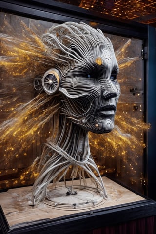 raw photo of the dark art sculpture white wooden automaton that comes to life when you approach it, futuristic background, close-up, masterpiece, high quality, hyper-detailed, ,firefliesfireflies,Mecha body,Futuristic room,dragonyear,DonMW15p