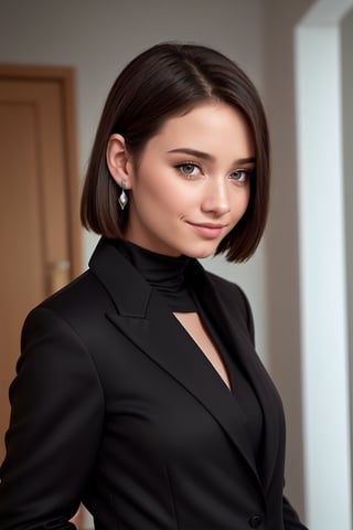 young woman, 20 years old, light blue eyes, upturned nose, marked eyebrows, smiling open mouth, ((wearing black suit  jacket and shirt 1.5)), (silver teardrop-shaped earrings,) brown hair, short straight hair, flat white background, lots of light, almost so much that it is difficult to see the shapes of her face, photograph taken with a Nikon d810 and a fixed 85 mm lens, high resolution, very realistic, her body and face are turned at 45 degrees to the viewer, she is looking at the camera, she is a very beautiful and attractive woman, powerful girl, with one hand she is holding her jacket and the other hand is covered behind her head, her chin is downwards, inside of room