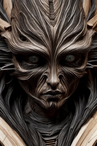 raw photo of the dark art sculpture white wooden automaton that comes to life when you approach it, futuristic background, close-up, masterpiece, high quality, hyper-detailed,