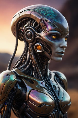 (focus on a hauntingly beautiful bioengineered creature:1.2), organic cyborg, alien landscape, translucence, sheen, colorful dark unfocused background, (ultra resolution:1.7), detailed masterpiece,  sachr, ziprealism
