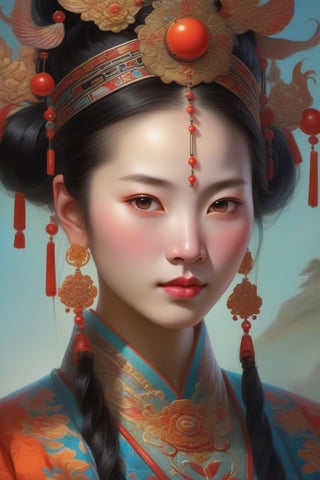 portrait fantasy art, close-up, a girl, 13th century china, captivating lighting, striking facial expression, (elaborate costume details:1.3), vibrant colors, powerful presence