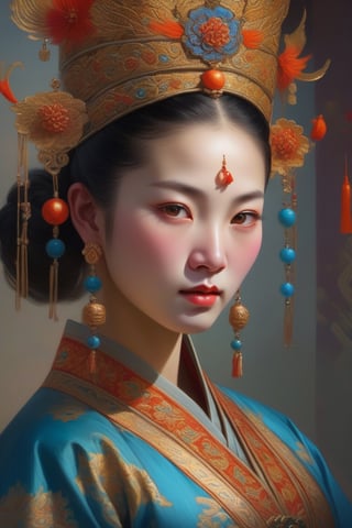 portrait fantasy art, close-up, a girl, 13th century china, captivating lighting, striking facial expression, (elaborate costume details:1.3), vibrant colors, powerful presence