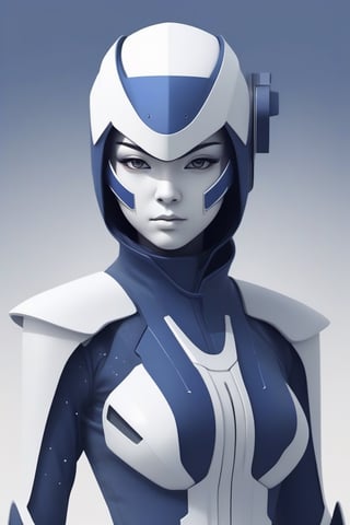 a futuristic ninja android, female, indigo and white theme, simple shapes with few colors