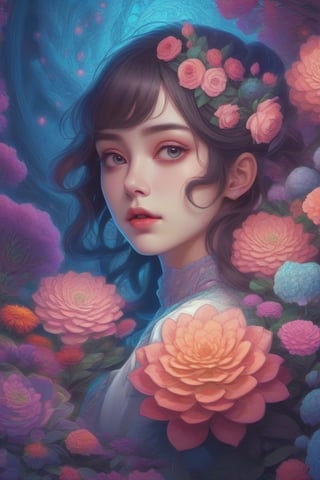 masterpiece, best quality, official art, aesthetic, 1girl, detailed background, isometric, psychedelia art, flower, fractal art
