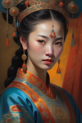 portrait fantasy art, close-up, a girl, 13th century china, captivating lighting, striking facial expression, (elaborate costume details:1.3), vibrant colors, powerful presence