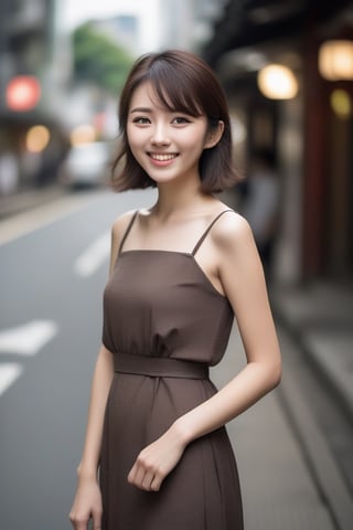 full body shot a Japanese girl, pretty woman, slim face, (dark brown hair), smiling, full length dress:1.1, double eyelid, blurred city street background