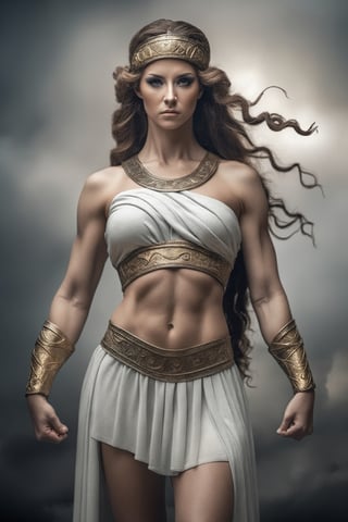 raw photo of a beautiful woman as Bia \(mythology\), ancient Greek goddess of strength, the personification of strength, athletic body, muscular body, very strong and proud