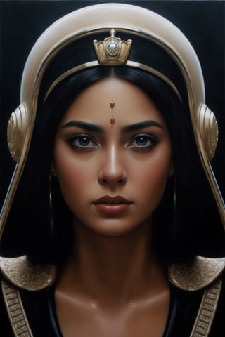 1girl, queen, makeups, futuristic Egypt, solo, dark space, dim light muted color, realistic (painting by Drew Struzan) (masterpiece, best quality:1.3)