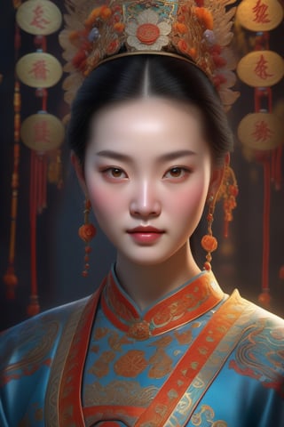 3D portrait fantasy art, close-up, a girl, 13th century china, captivating lighting, striking facial expression, (elaborate costume details:1.3), vibrant colors, powerful presence