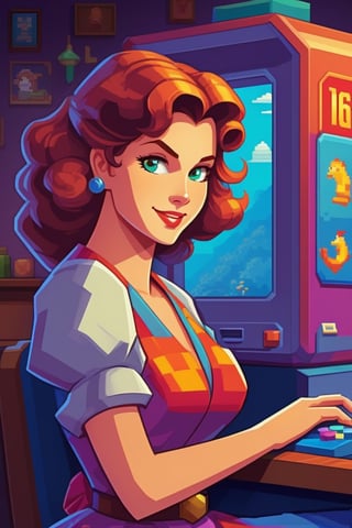 Retro game art, a woman, 16-bit, vibrant colors, pixelated, nostalgic, charming, fun