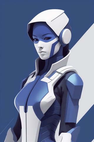 a futuristic ninja android, female, indigo and white theme, simple shapes with few colors