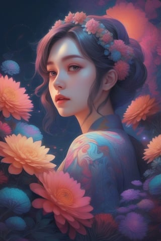 masterpiece, best quality, official art, aesthetic, 1girl, detailed background, isometric, psychedelia art, flower, fractal art
