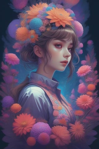 masterpiece, best quality, official art, aesthetic, 1girl, detailed background, isometric, psychedelia art, flower, fractal art
