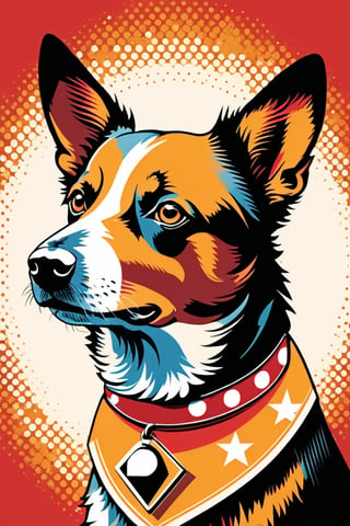 classic vintage illustration of an Australian cattle dog, retro modern image in a fashion abstract comic, in the style of stencil and spray paint, bold graphic design elements, dominant reds and oranges, retro hollywood glamour, halftone dotted, sharp contrast