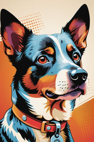 classic vintage illustration of an Australian cattle dog, retro modern image in a fashion abstract comic, in the style of stencil and spray paint, bold graphic design elements, dominant reds and oranges, retro hollywood glamour, halftone dotted, sharp contrast