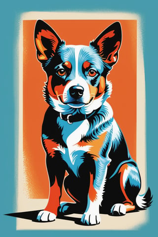 classic vintage illustration of an Australian cattle dog, retro modern image in a fashion abstract comic, in the style of stencil and spray paint, bold graphic design elements, dominant reds and oranges, retro hollywood glamour, halftone dotted, sharp contrast