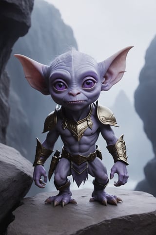 (Cinematic Photo:1.3) of (Ultra detailed:1.3) , (monster)  Small goblin creature, purple skin, armored, big ears, big eyes, crystals, cliff side background, fantsy, magic, glow, dim lighting, misty, gems, adventure, evil