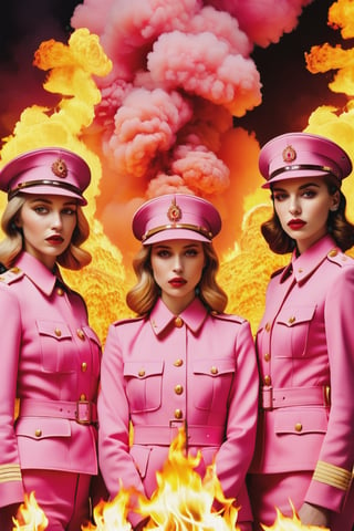 a pink group with fire burning behind them, in the style of steven klein, sandy skoglund, meticulous military scenes, bella kotak, close up, soviet, orderly symmetry