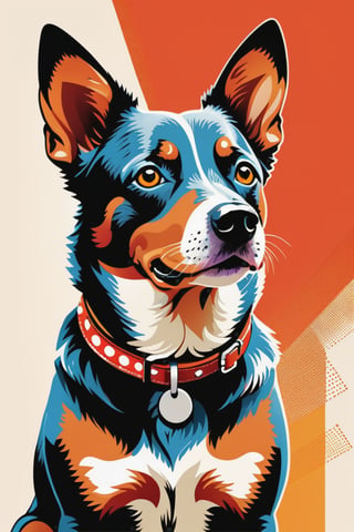 classic vintage illustration of an Australian cattle dog, retro modern image in a fashion abstract comic, in the style of stencil and spray paint, bold graphic design elements, dominant reds and oranges, retro hollywood glamour, halftone dotted, sharp contrast