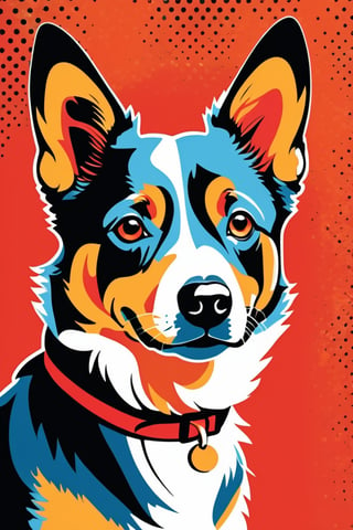 classic vintage illustration of an Australian cattle dog, retro modern image in a fashion abstract comic, in the style of stencil and spray paint, bold graphic design elements, dominant reds and oranges, retro hollywood glamour, halftone dotted, sharp contrast