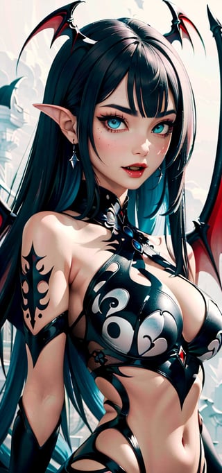 (best quality, masterpiece, colorful, dynamic angle, highest detailed)Picture upper body part, fashion photography of cute succubus girl, gothic, large demon red wings (high resolution textures), long green hair, (abstract art), half demon, crimson cat iris, cat eyes, vampire very long fangs, (intricate details, hyperdetailed:1.15), detailed, moonlight passing through hair, (official art, extreme detailed, highest detailed),