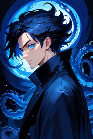 male, adult, handsome man, serious, 1boy, 1man, a little close up, sideview, profile 3/4, upper body shoot, Wearing Black overcoat that covers the whole body, Black gloves, dark blue hair, big hair tied, bright blue pupils, ((specials rune pupils)) ((eye power)), Killer Gaze, {{blue matrix codes around, blue energy all around, background with glitches, oil painting, (masterpiece), detailed, finished illustration, 3d Soft shadow and light, blue light in eyes, tentacles of ((black)) fluid coming out from behind, Eldritch, artstyle: wataboku, mai yoneyama, greg rutkowski and emylie boivin, 4k cover, 3d light, smooth shadow and lights, gorgeous light