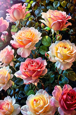 roses in bloom, rose buds, flower garden, vivid colors, color grading, red, pink, yellow, white, morning light, dslr, shot on 70mm, shadow effects, f/22, high angle, 8k, photorealistic, hyper detailed, uplight --ar 9:16 --q 2 --v 4